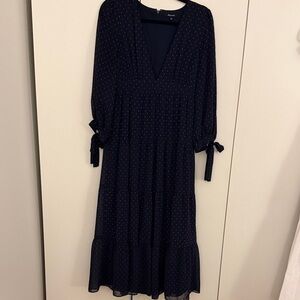 Madewell Navy Polka Dot Long-Sleeve V-Neck Midi Dress